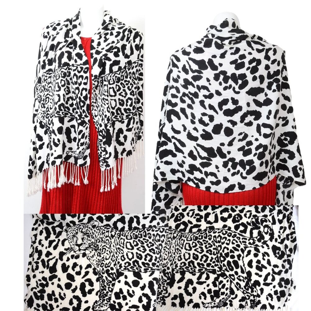 Y2K Snow Leopard Oversized 78" x 28" Black/White Shawl Scarf Sarong Oblong NEW‎